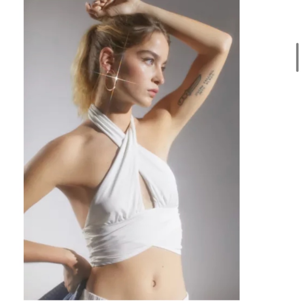 UO Wrap Halter Top S Small Crop White Keyhole